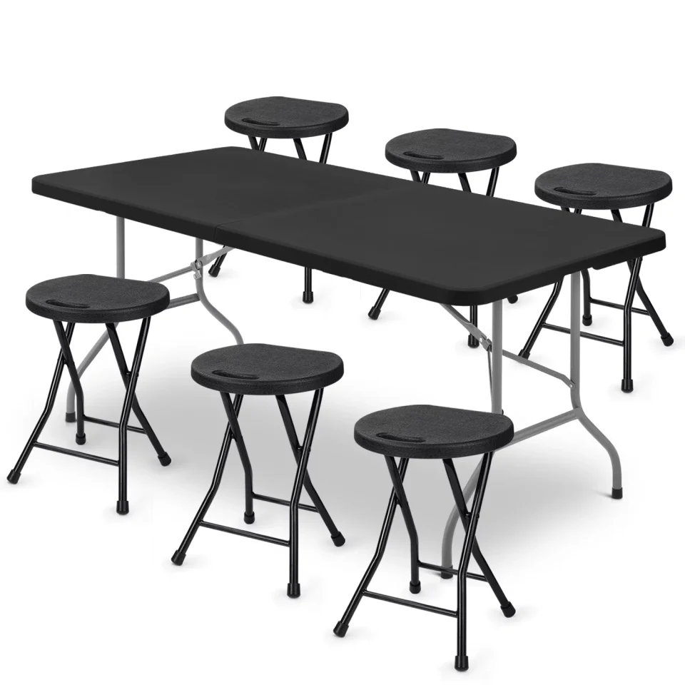 Home Best-Selling MoNiBloom 7 Pieces 6 FT Folding Table and Chair Set, Indoor Outdoor Picnic Desk with Handle & Lock and Foldable Stools for Garden, Black