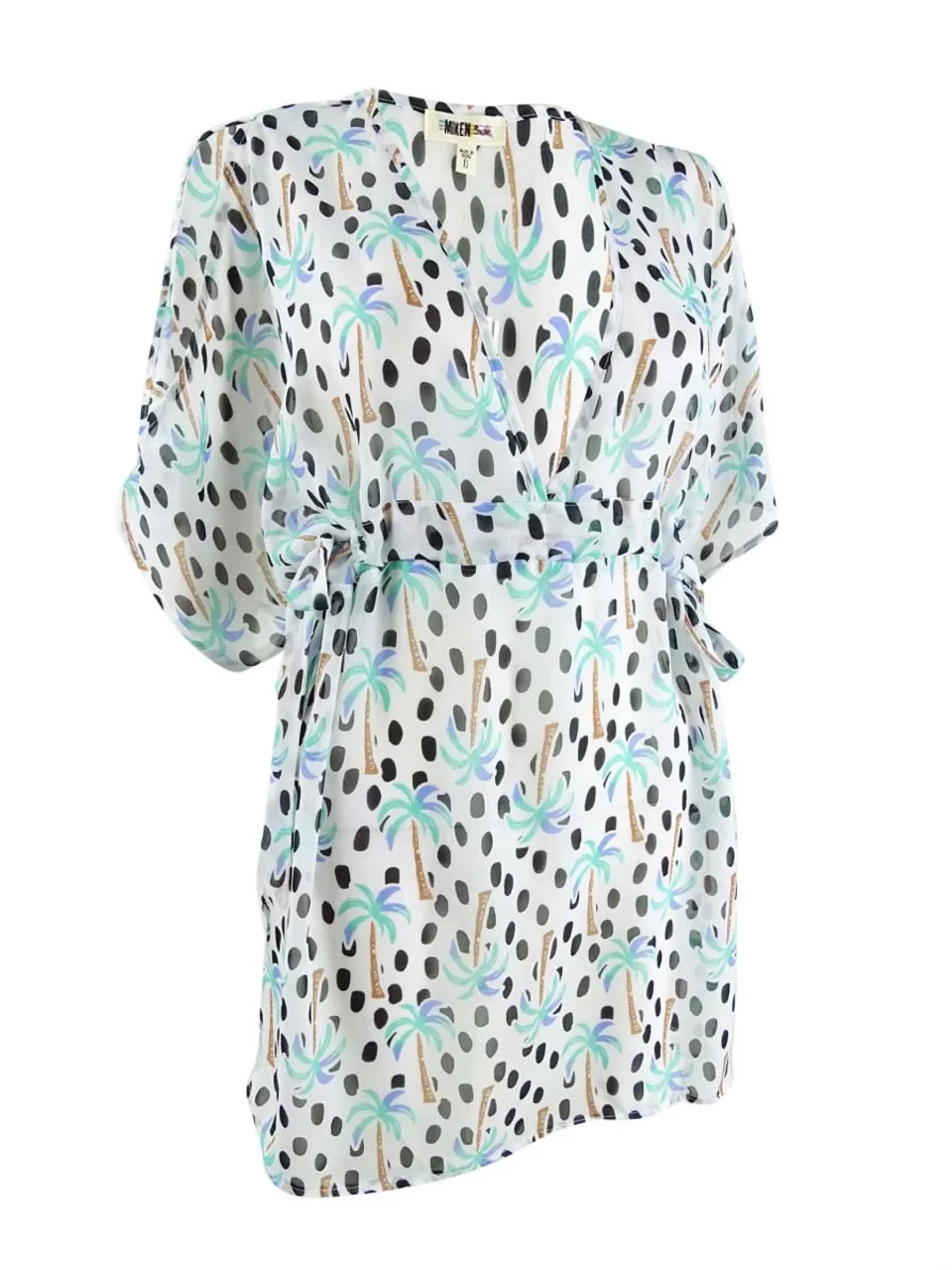 Gift-Ready Miken Women's Printed Split-Sleeve Dolman Dress Swim Cover-Up (M, White Aqua)