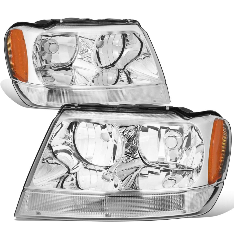 Glass Leak-Proof 1999-2004 Jeep Grand Cherokee Chrome Housing Amber Corner Headlight/Lamp Set