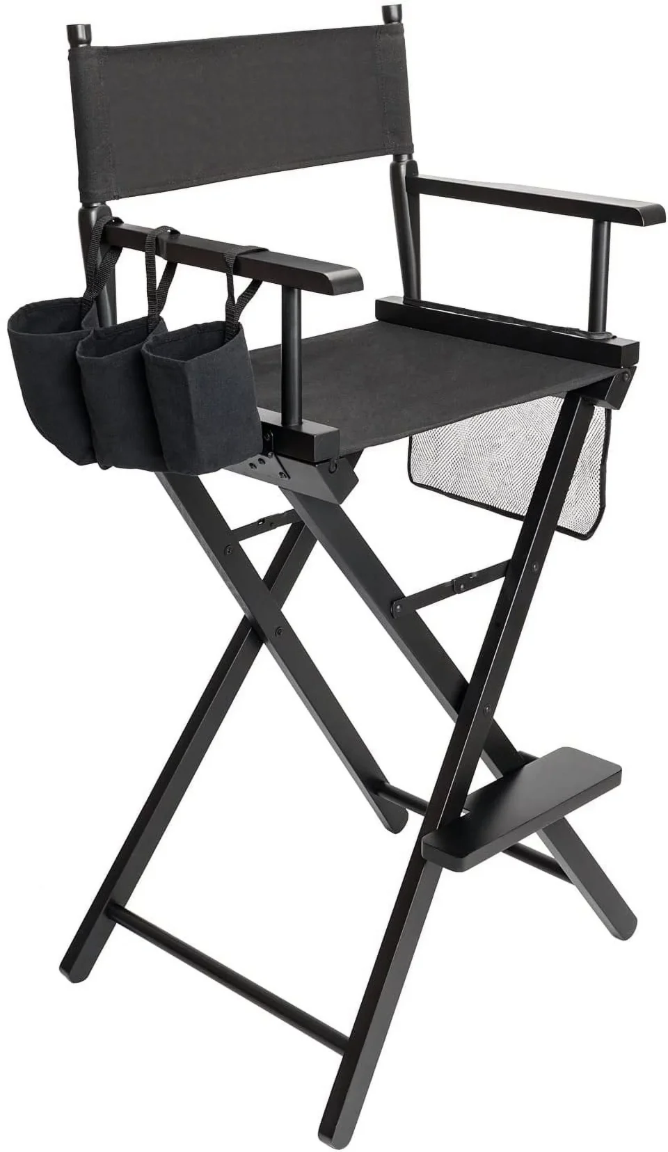 Polished Omysalon Upgraded 31 Height Tall Director Chair Folding Artist Makeup with Replacement Cover Canvas, Storage Side Bags, Portable Footrest, Support 250 lbs,Solid Hardwood & Polyester Black
