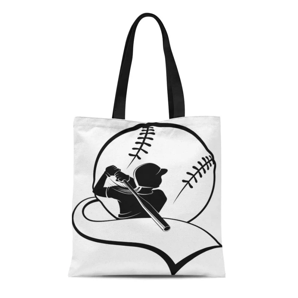 Durable Long-Lasting ASHLEIGH Canvas Tote Bag Silhouette Girl Softball Batter Pennant Ball Women Athlete Black Durable Reusable Shopping Shoulder Grocery Bag