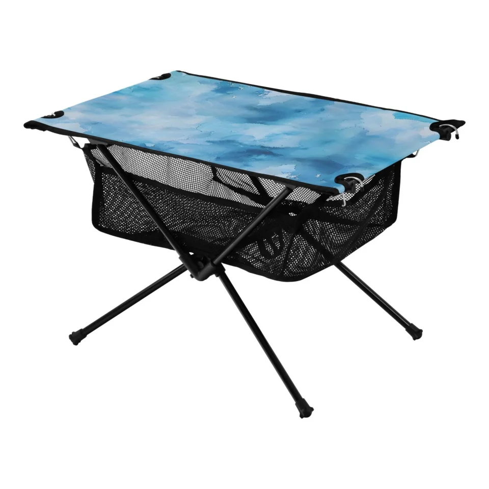 Food-Grade Matte Watercolor Blue Camping Folding Table Portable Beach Table with Storage Bag Compact Picnic Table for Outdoor Travel Fishing BBQ
