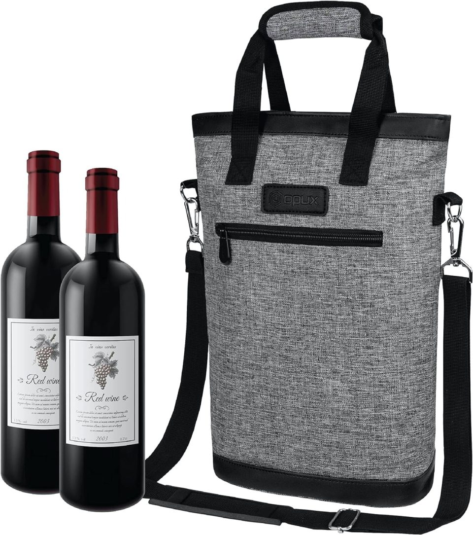 Storage Cooking Two Bottle Wine Bag Tote, Insulated Leakproof 2 Bottle Wine Cooler Bag For Travel BYOB Picnic, Portable Wine Case, Gift For Men Women Wine Lover Birthday Party Christmas, Heather Grey