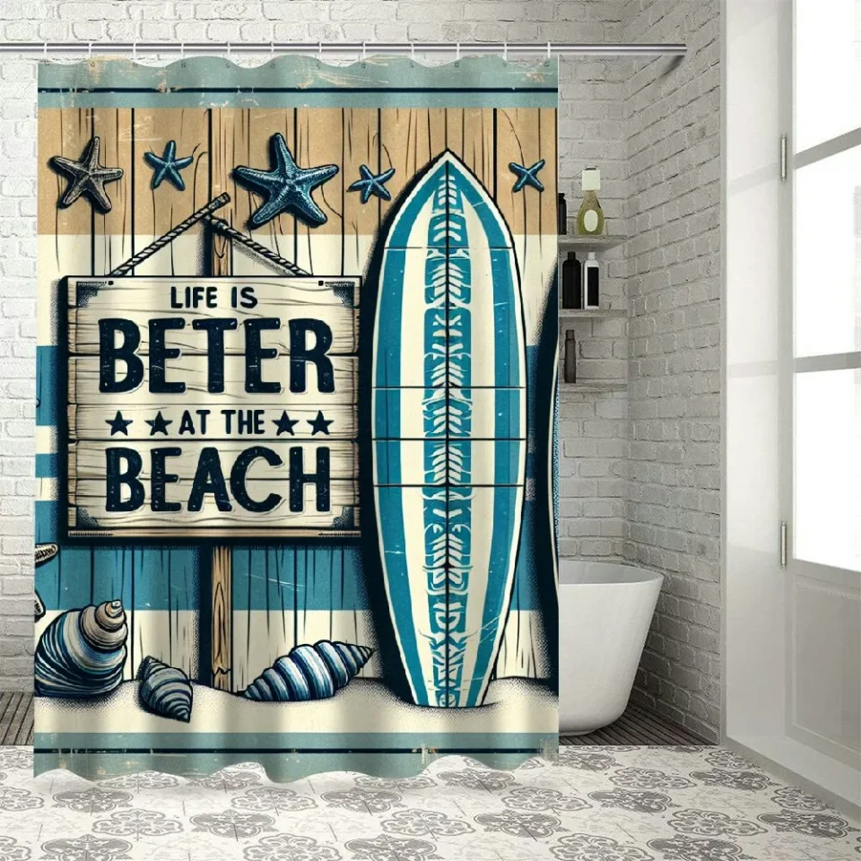Wooden Lzatpd Beach Shower Curtain Tropical Ocean Blue Surfboard Starfish Shell Wooden Board Summer Surfing Seaside Inspirational Quotes Sea Coastal Bathroom Curtain