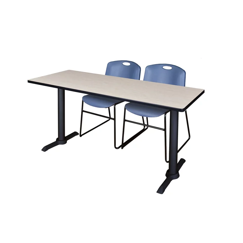 Easy-Clean Belen Kox Cain 60 x 24 Training Table- Maple & 2 Zeng Stack Chairs- Blue