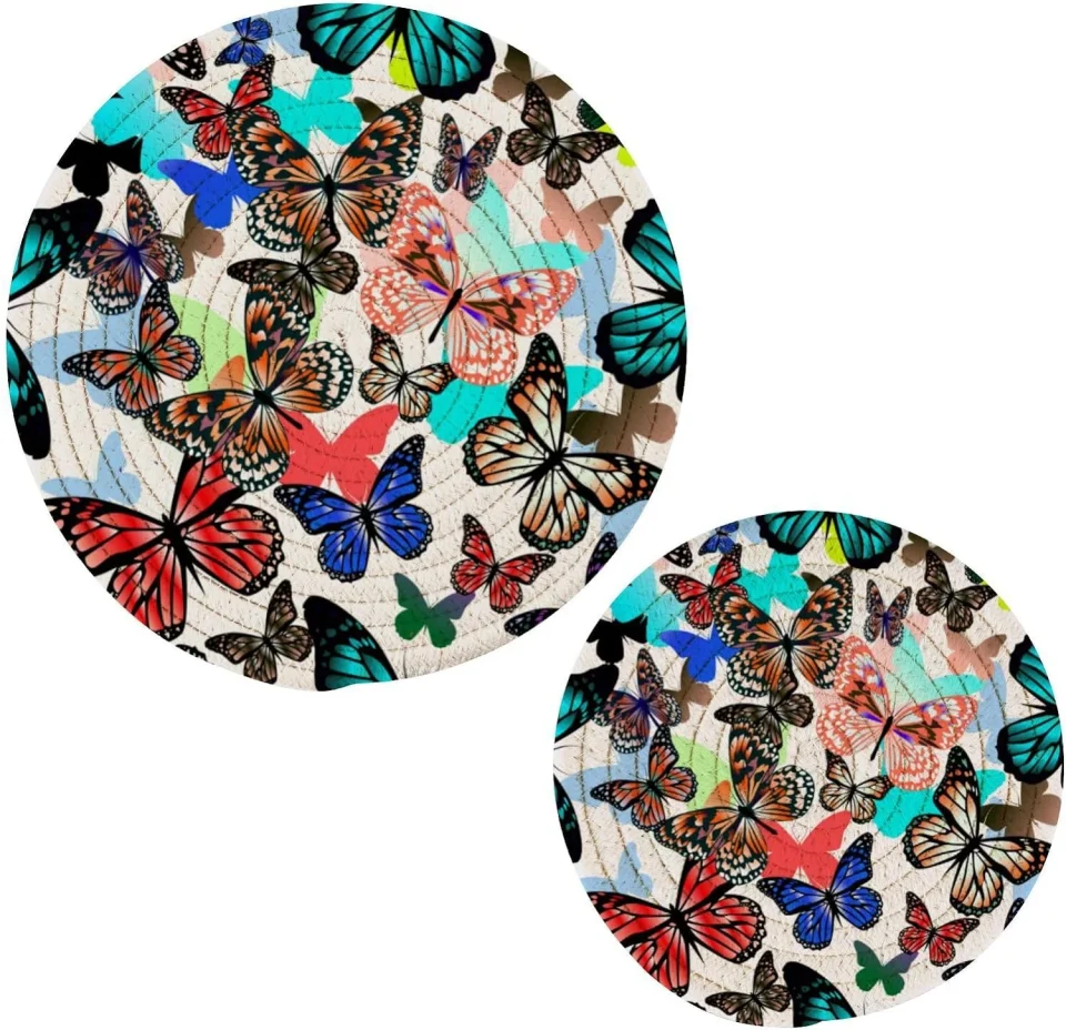 Select Bestwell Colorful Butterfly Pot Holder Set of 2, Pure Cotton Heat Resistant Wear-Resistant and Non-Slip Stylish Round Pot Holder for Daily Kitchen,Dining Table,Office,Cafe, Restaurant,BBQ