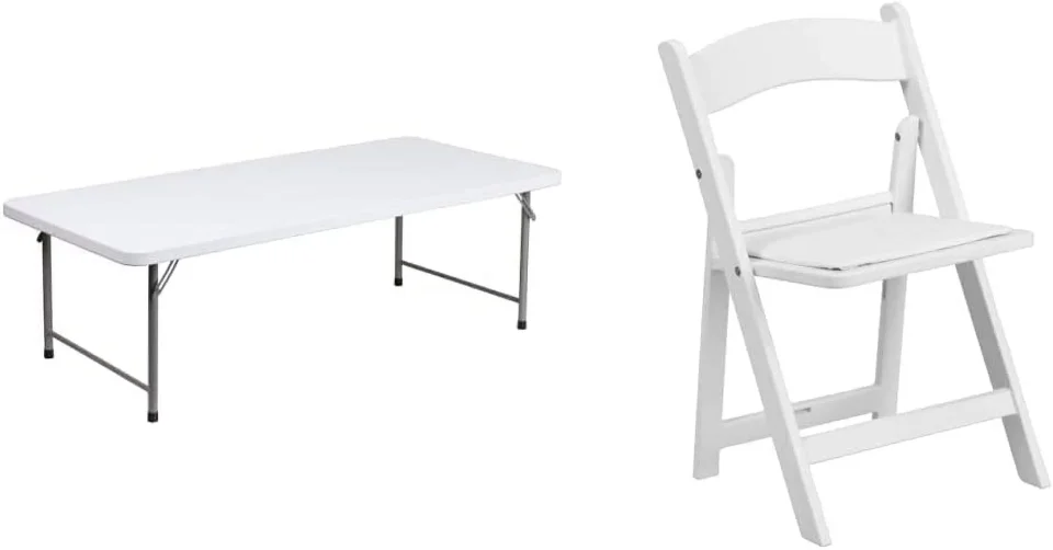 Multi-Purpose 4.93-Foot Kid's Granite White Plastic Folding Table & Kids White Resin Folding Chair with White Vinyl Padded Seat