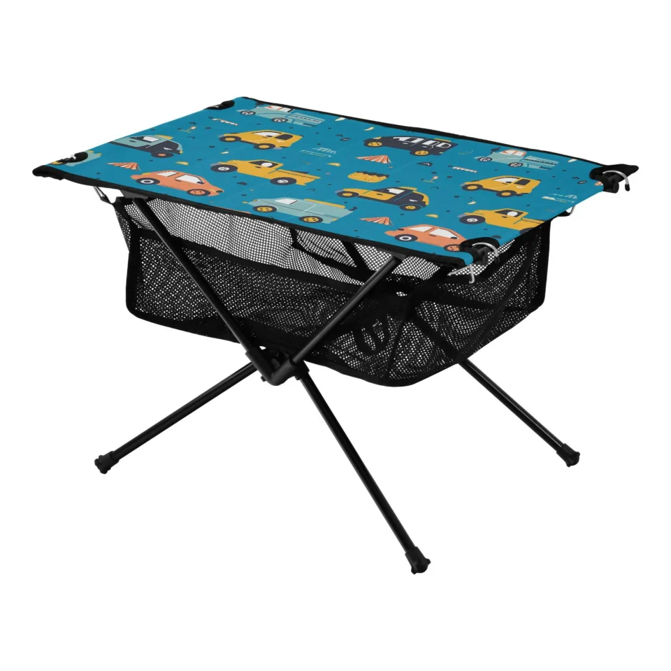 Frosted Top-Rated Cartoon Cars Trucks on Blue Camping Folding Table Portable Beach Table with Storage Bag Compact Picnic Table for Outdoor Travel Fishing BBQ