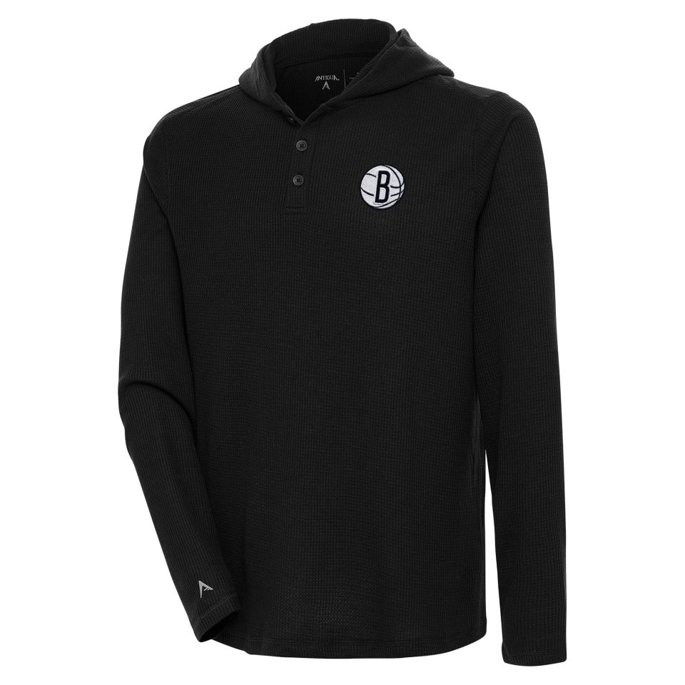 Office Multi-Purpose Men's Antigua Black Brooklyn Nets Strong Hold Long Sleeve Henley Hoodie T-Shirt