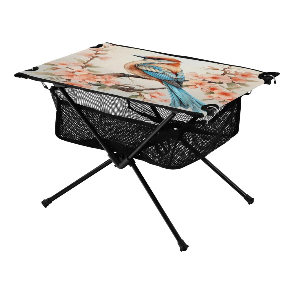 Thickened Portable Bird on Floral Camping Folding Table Portable Beach Table with Storage Bag Compact Picnic Table for Outdoor Travel Fishing BBQ