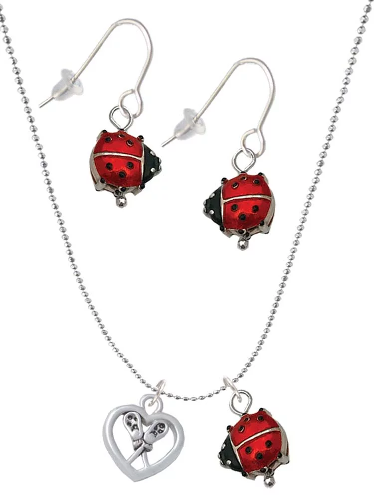 Best-Selling Delight Jewelry Lacrosse Sticks on Open Heart Red Lucky Ladybug Necklace and Dangle Earrings Set