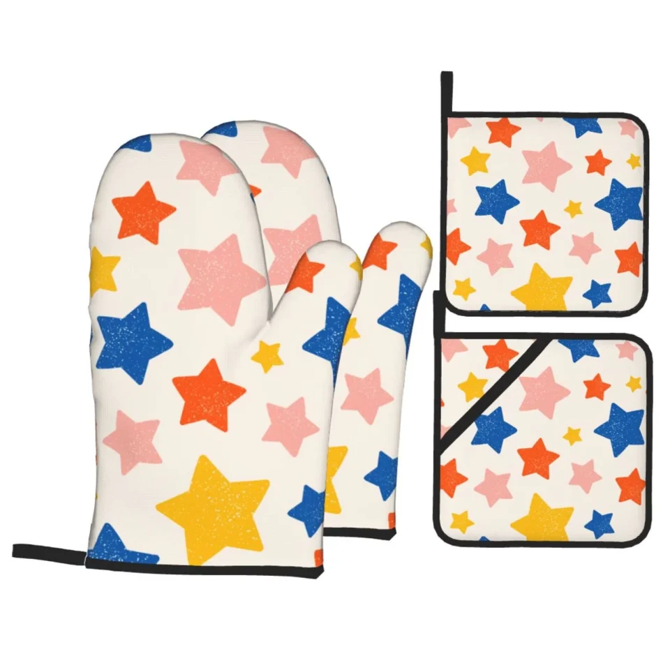 Value ZNDUO Oven Mitts and Pot Holders Sets, Vintage Star Abstract Pattern Non-Slip Cooking Oven Mitts