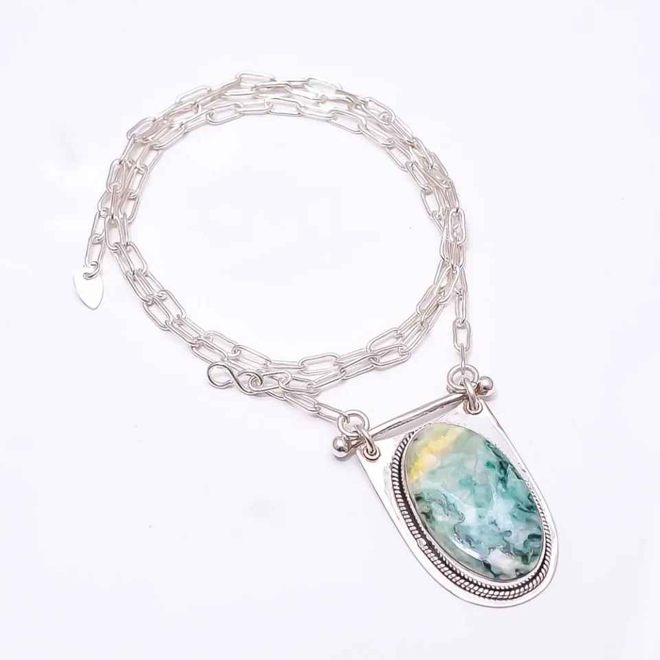 Frosted Long-Lasting Tree Agate -Australia 925 Silver Plated Chain Pendant 19-23, Green Tree Agate Necklace CP_9262_369_37