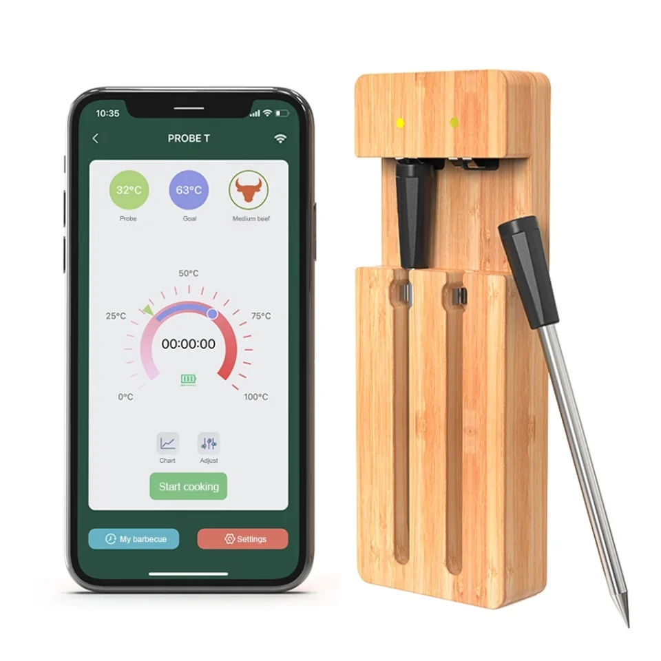 Outdoor Gecheer Wireless Meat Thermometer Smart 98FT BT App Controlled Waterproof Rechargeable with 2 Probes for BBQ Grill Oven Smoker Cooking