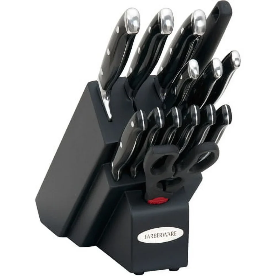 Food-Grade Cooking Farberware Cutlery Forged Knife Set with Black Handles, 15-Piece