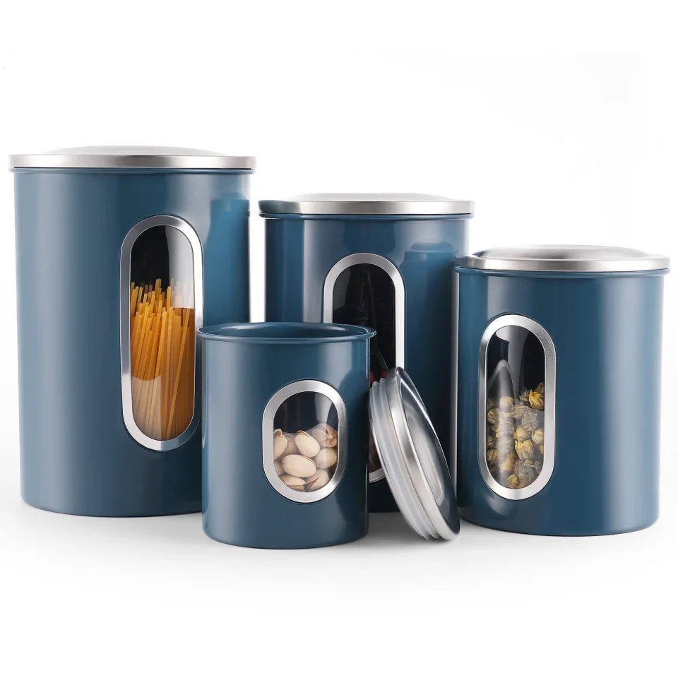 Ceramic Malmo Canister set for Kitchen counter 4 Piece Container with Window, Anti-Fingerprint Lids, Kitchen keeps Food Coffee, Grains and Flour, Slate Blue