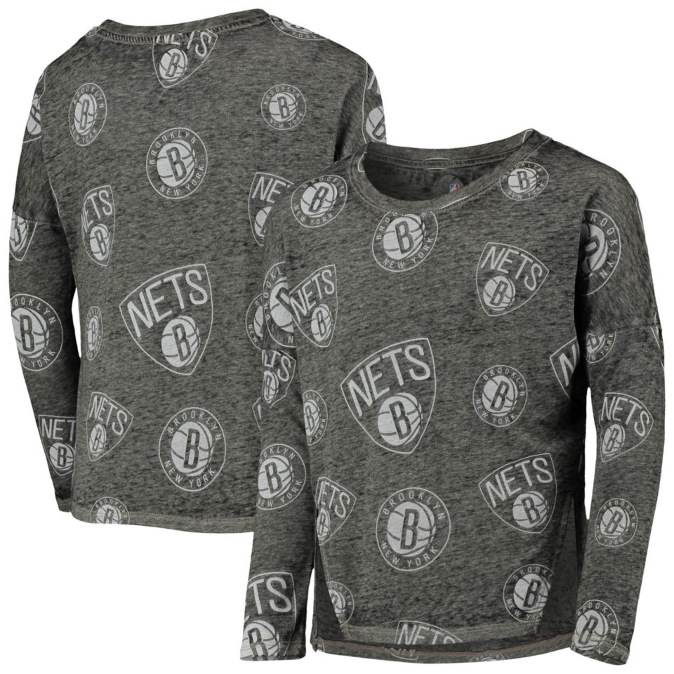 Cast Iron Frosted Girls Youth Heathered Black Brooklyn Nets Back in Action Long Sleeve T-Shirt