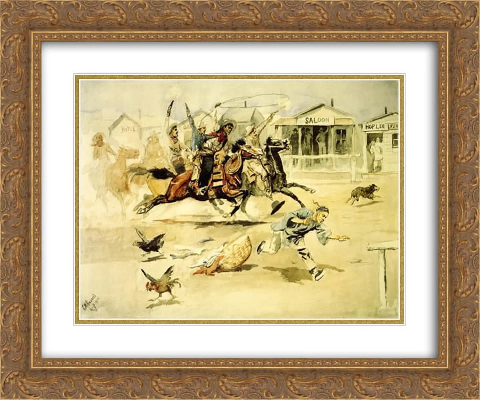 Leak-Proof Easy-Clean Charles M. Russell 2x Matted 24x20 Gold Ornate Framed Art Print 'Whooping It Up '