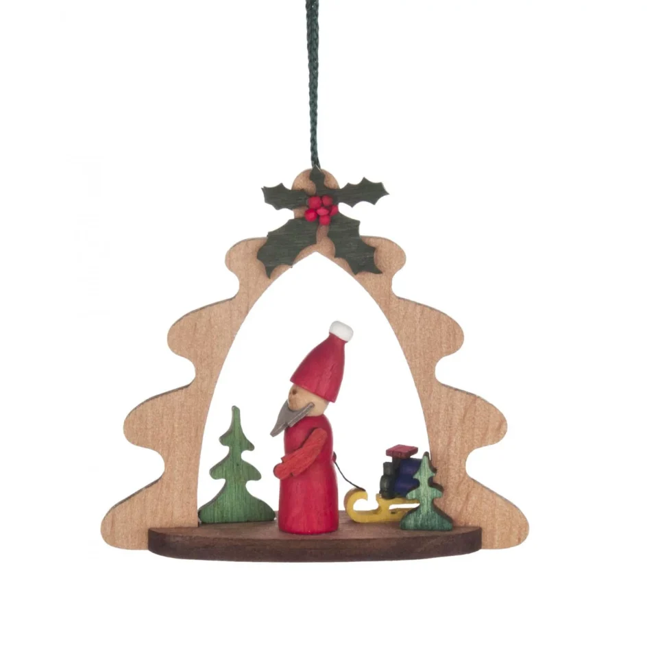 Glass Gift-Ready Pinnacle Peak Trading Santa Claus Pulling Sleigh German Wood Ornament 2.75 Inch