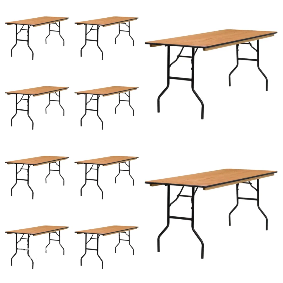 Polished Kitchen (10 PACK) 30''x72'' Rectangular Wood Folding Banquet Table - Commercial Quality Banquet Folding Table