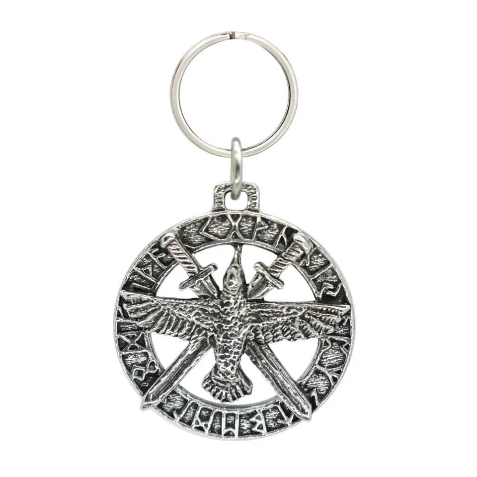 Premium Top-Rated Raven W/Swords In Runes Keychain, G018KC, 1 3/4 inch, Pewter, Key Fob, Key Ring, Keys, Zipper Pull, Luggage Tag, Backpack, Over 300 Keychain Designs, Handmade in the USA, 100% American Made