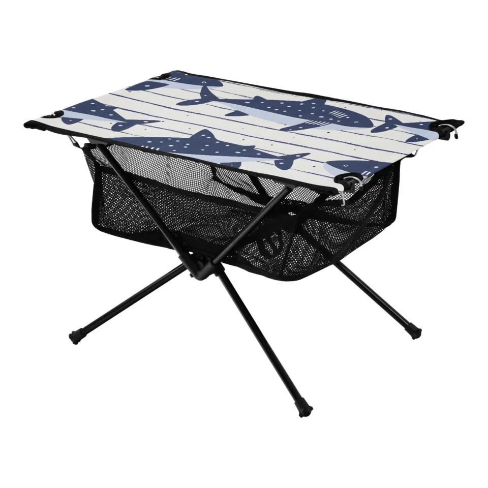 Top-Rated Cartoon Shark on Strips Camping Folding Table Portable Beach Table with Storage Bag Compact Picnic Table for Outdoor Travel Fishing BBQ