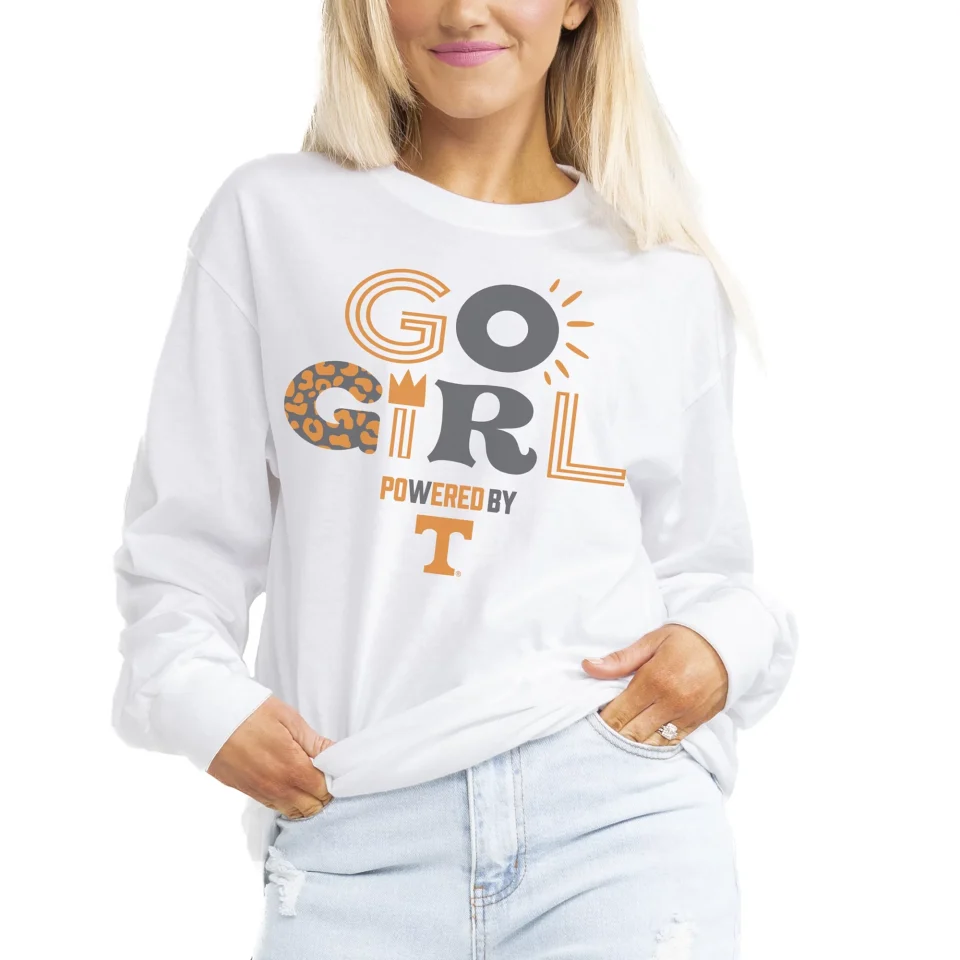 Glass Storage Women's Gameday Couture White Tennessee Volunteers PoweredBy Go Girl Boyfriend Fit Long Sleeve T-Shirt