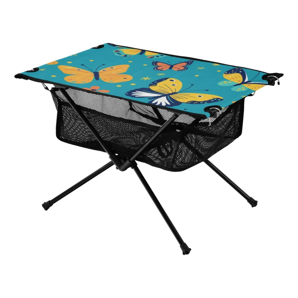 Popular Easy-Clean Butterfly and Floral Camping Folding Table Portable Beach Table with Storage Bag Compact Picnic Table for Outdoor Travel Fishing BBQ