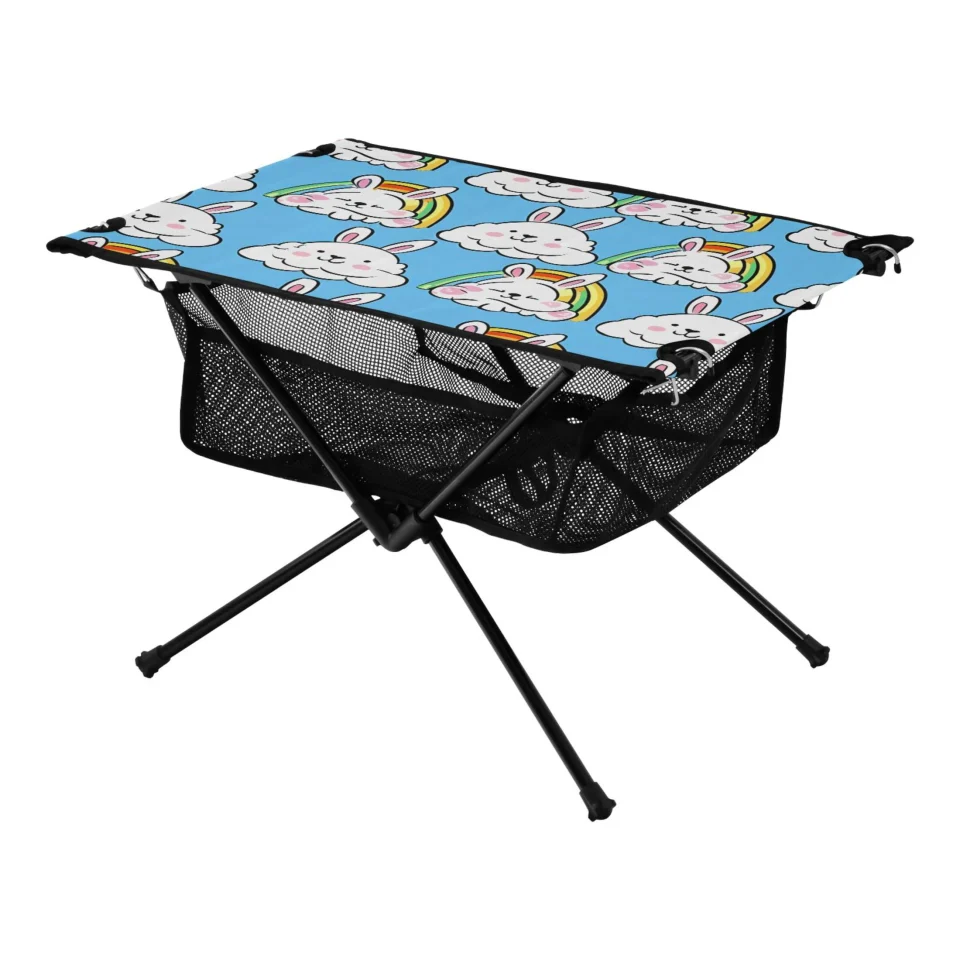 Non-Toxic Kitchen Cute Rabbits and Rainbows Camping Folding Table Portable Beach Table with Storage Bag Compact Picnic Table for Outdoor Travel Fishing BBQ