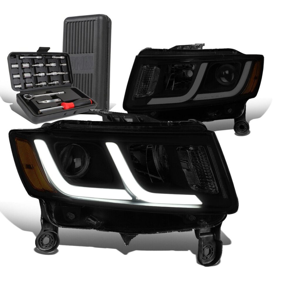 Glass Bamboo 2014-2016 Grand Cherokee Pair LED Tinted Amber Projector Headlights+Too