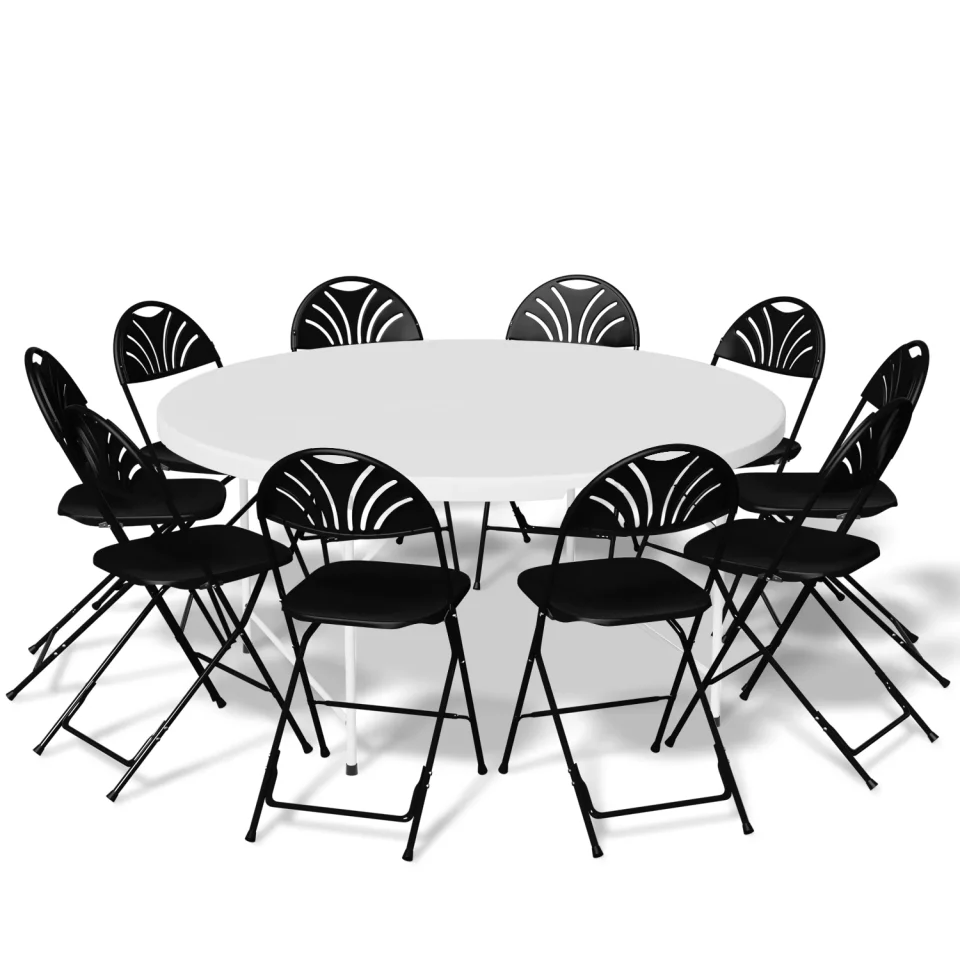 Matte MoNiBloom 11 Pieces White 5 Ft Outdoor Plastic Dining Table w/Handle and with 10 Black Chair Set, Fold-in-Half Picnic Desk