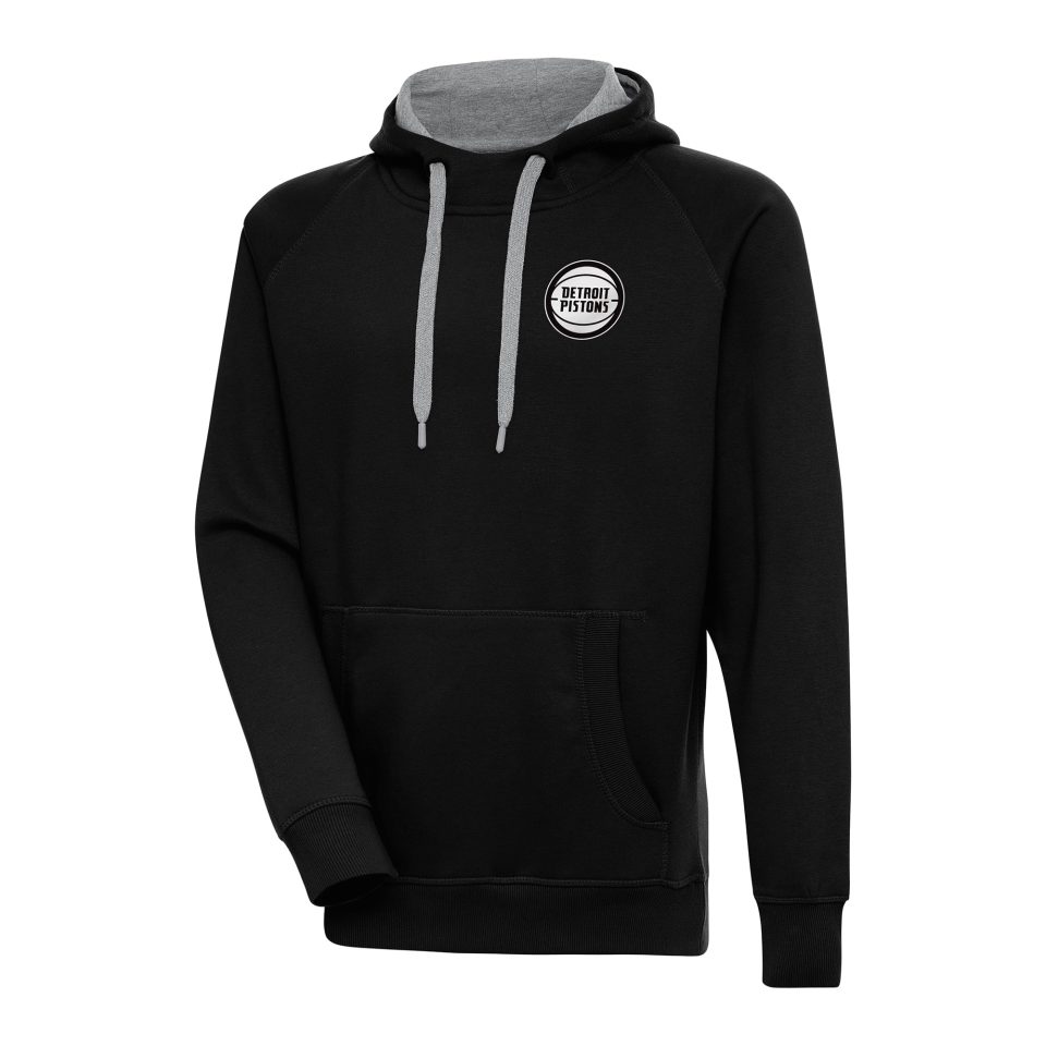 Select Men's Antigua Black Detroit Pistons Metallic Logo Victory Pullover Hoodie