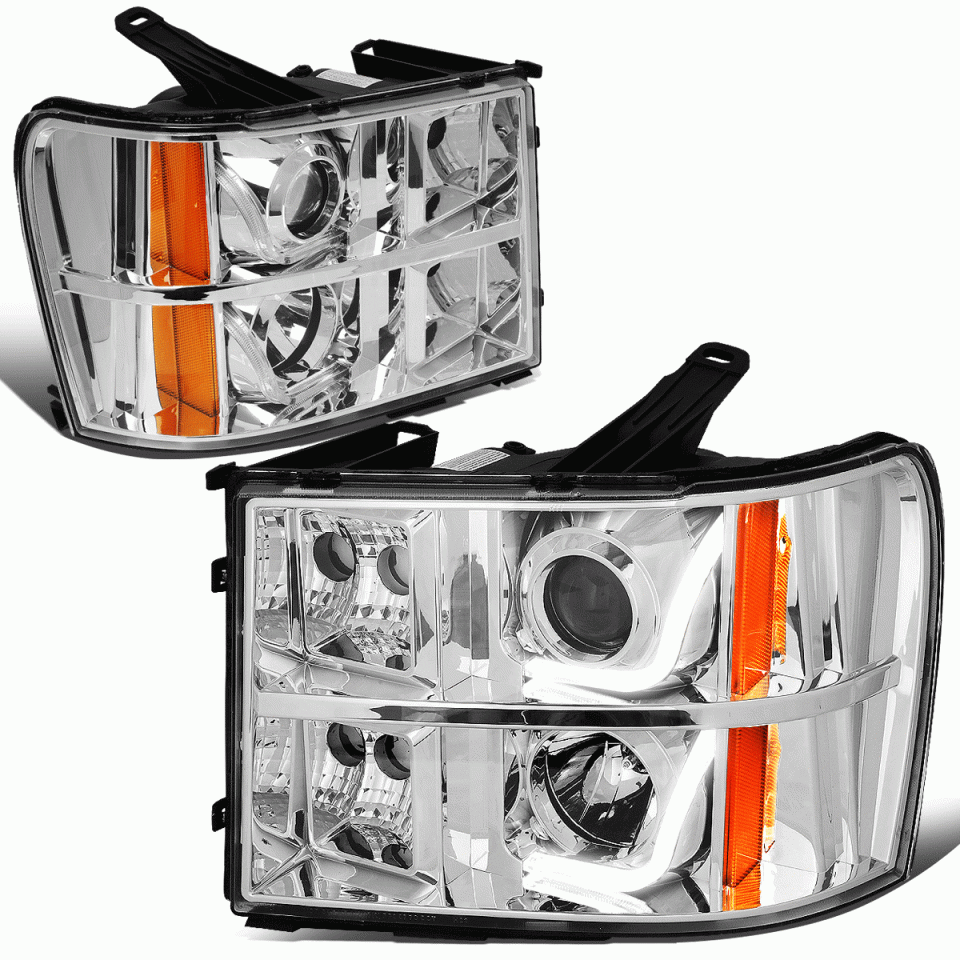 Long-Lasting 2007-2014 GMC Sierra Chrome Amber Signal 3D LED Bar Projector Headlights