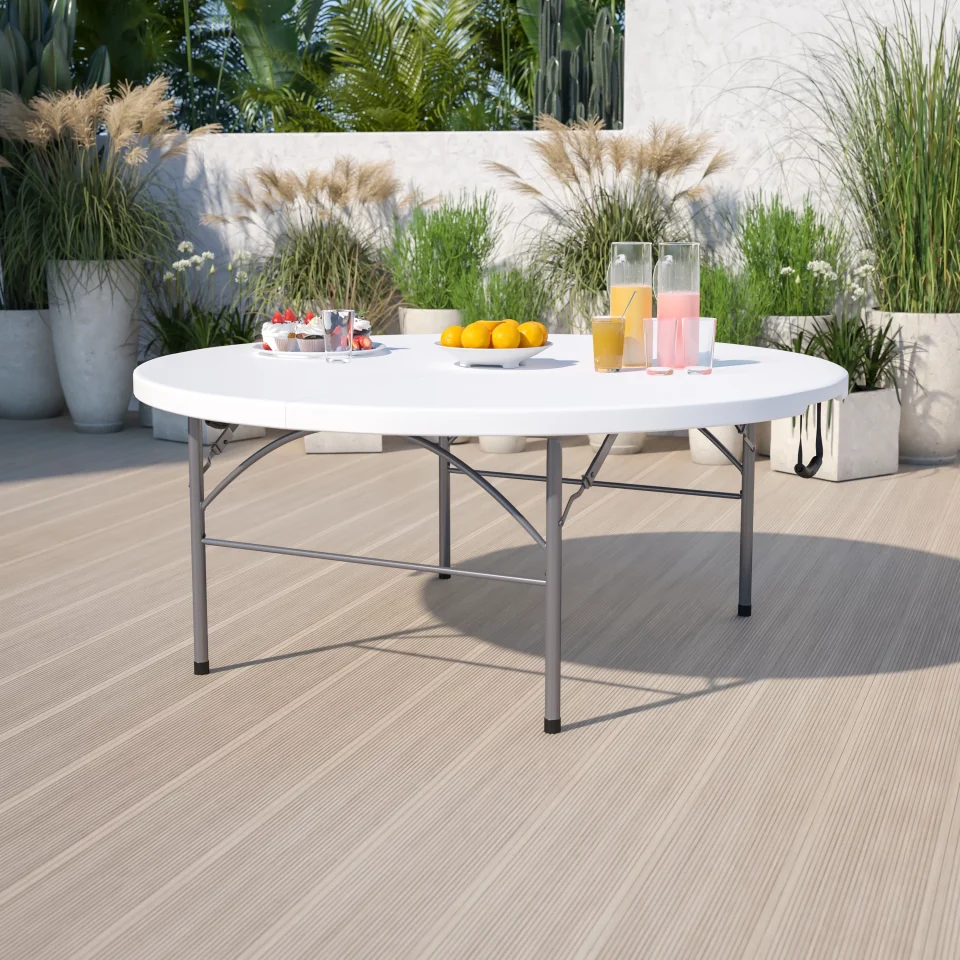 Eco-Friendly BizChair 5.89-Foot Round Bi-Fold Granite White Plastic Banquet and Event Folding Table with Carrying Handle